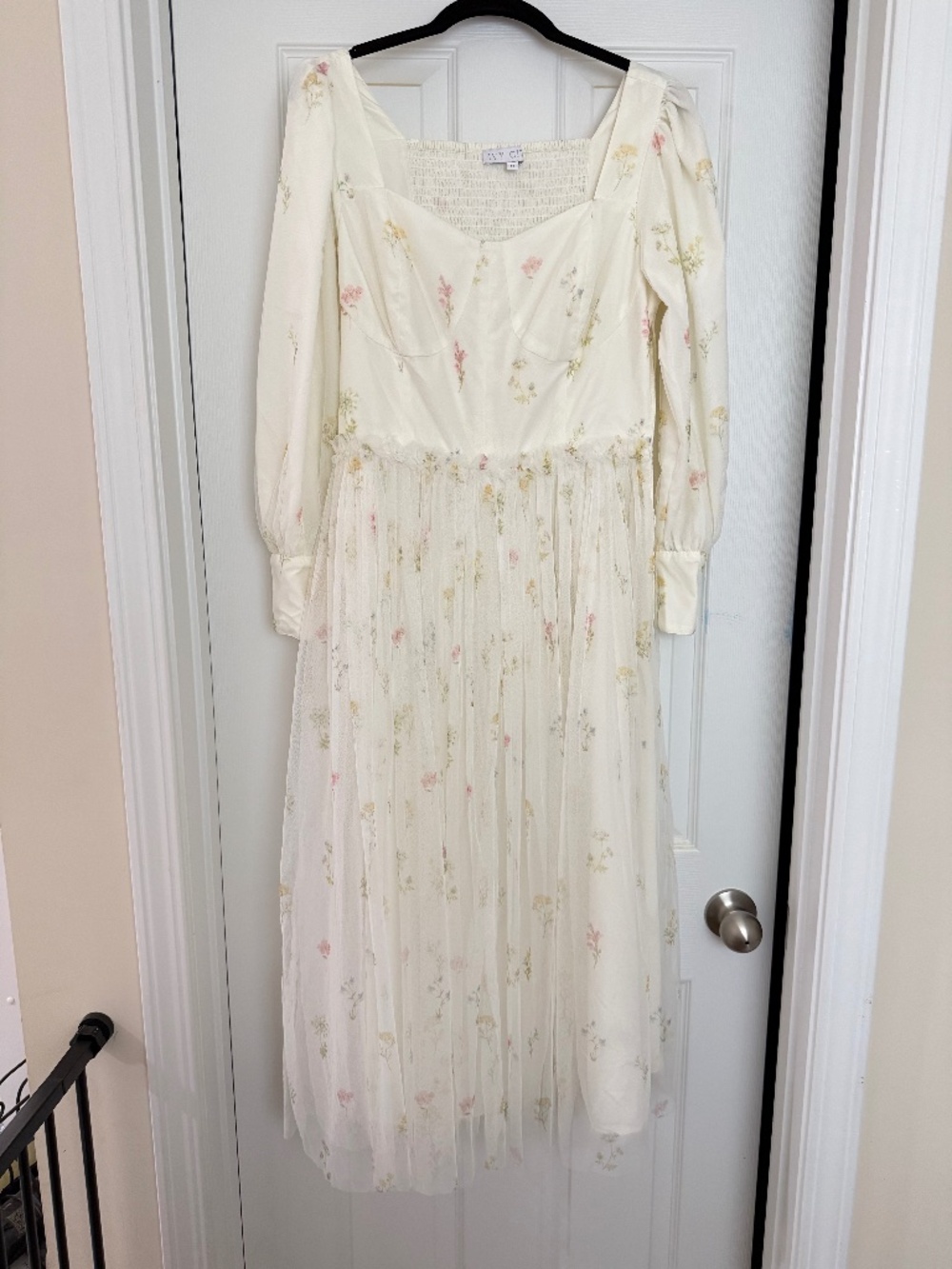 Ivy City Florence Dress White Floral Tulle Midi with Puff Sleeves